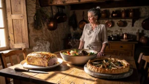 Cuisine terroir authentique avec trois plats traditionnels dans une cuisine rustique chaleureuse