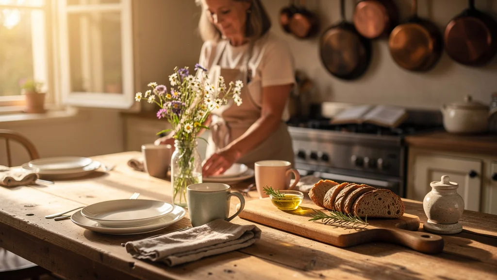 Table dressée simplement avec vaisselle blanche et fleurs sauvages, ambiance chaleureuse et conviviale