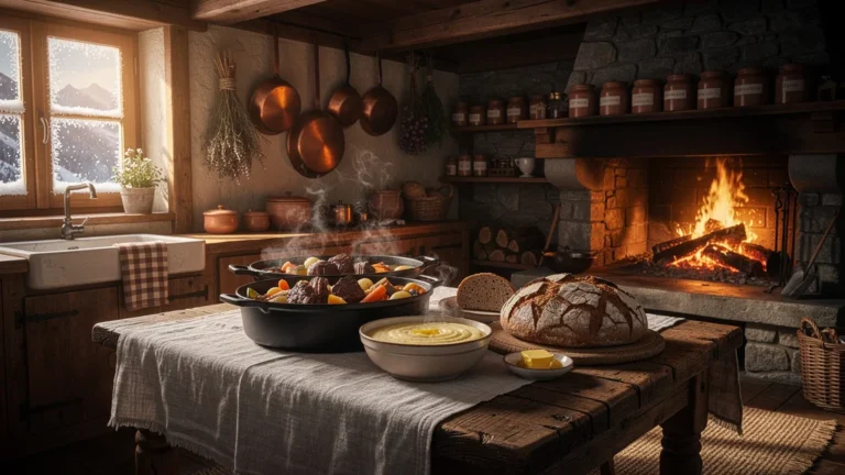 Plats mijotés d'hiver traditionnels dans une cuisine rustique de la vallée d'Abondance