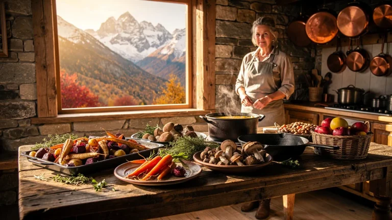 Cuisine de montagne saisonnière avec plats traditionnels et vue alpine en lumière dorée