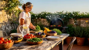 Repas en terrasse l'été avec cuisine de plein air fraîche et de saison, ambiance chaleureuse et naturelle