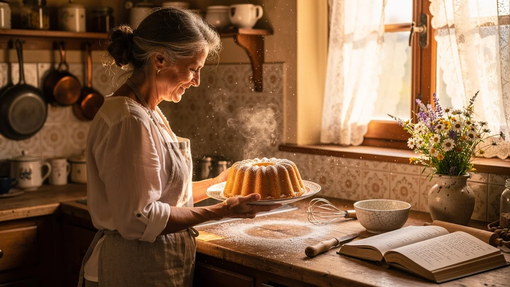 Femme de 58 ans tenant un gâteau de Savoie fait maison, ambiance chaleureuse et nostalgique en cuisine