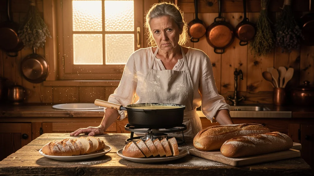 Fondue traditionnelle servie sans pain rassis, scène réaliste d'une cuisinière alpine de 58 ans en cuisine rustique