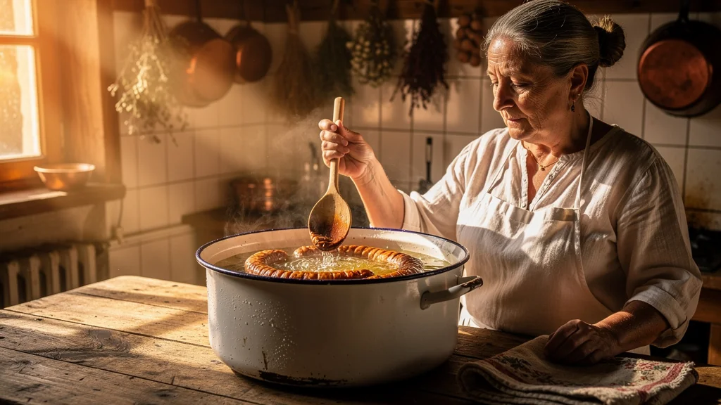 Femelle cuisinière de 58 ans face à un pot d’eau bouillante avec diots dont la peau éclate