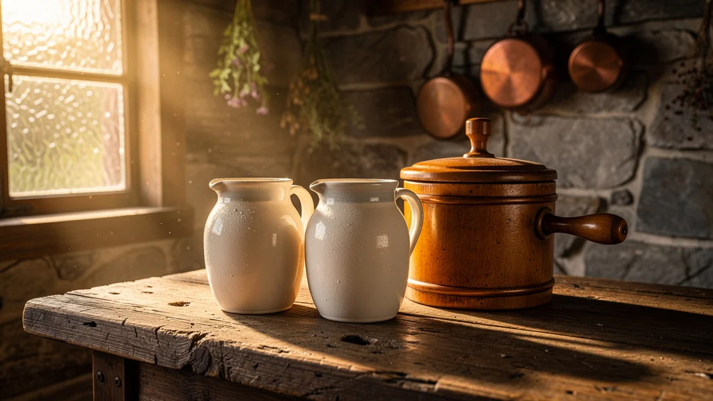Deux laits frais de la vallée et un baratte en bois pour beurre fait main, ambiance cuisine rustique