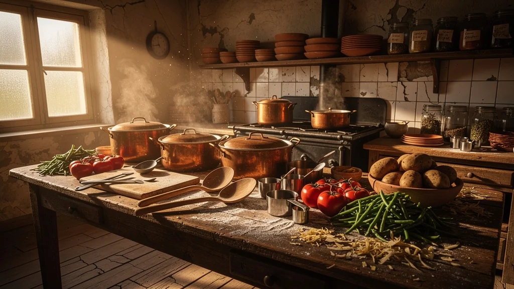 Cuisine rustique au village avec grands plats et ingrédients pour cuisiner pour trente personnes
