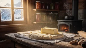 Pâte à tarte rustique de montagne avec beurre mou fondant sur table en bois lumineuse