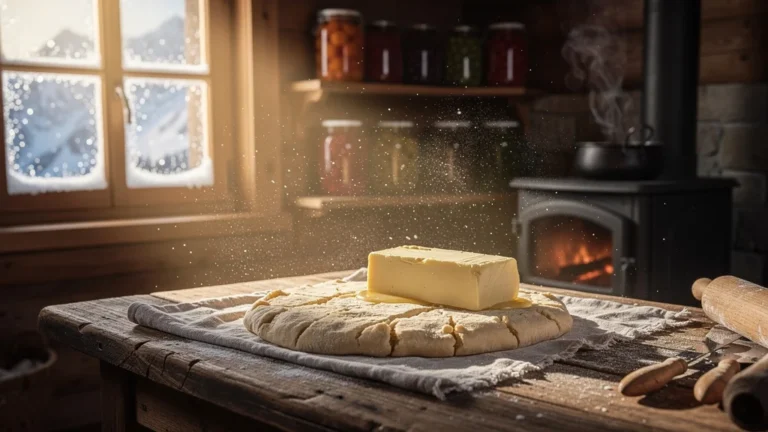 Pâte à tarte rustique de montagne avec beurre mou fondant sur table en bois lumineuse