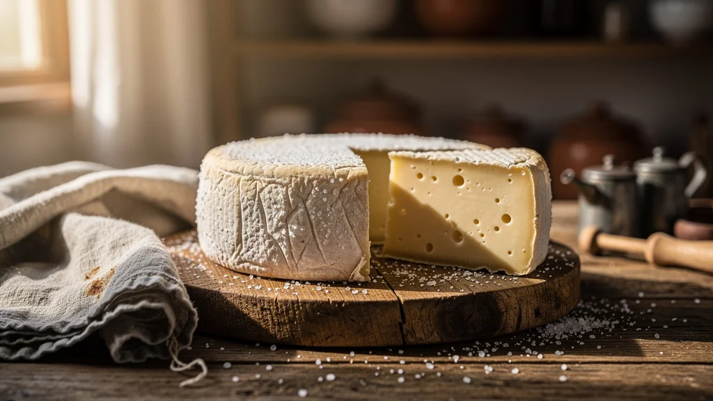 Fromage tomme salé trop tôt avec croûte craquelée et grains de sel visibles sur planche en bois rustique