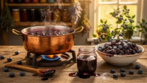 Confiture de myrtilles maison sans gélifiant cuite sur deux méthodes traditionnelles en cuisine rustique