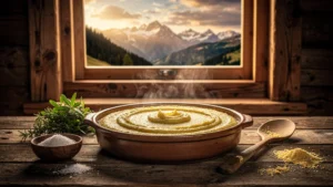 Polenta de montagne traditionnelle dans une cuisine rustique, lumière dorée, ambiance chaleureuse et authentique