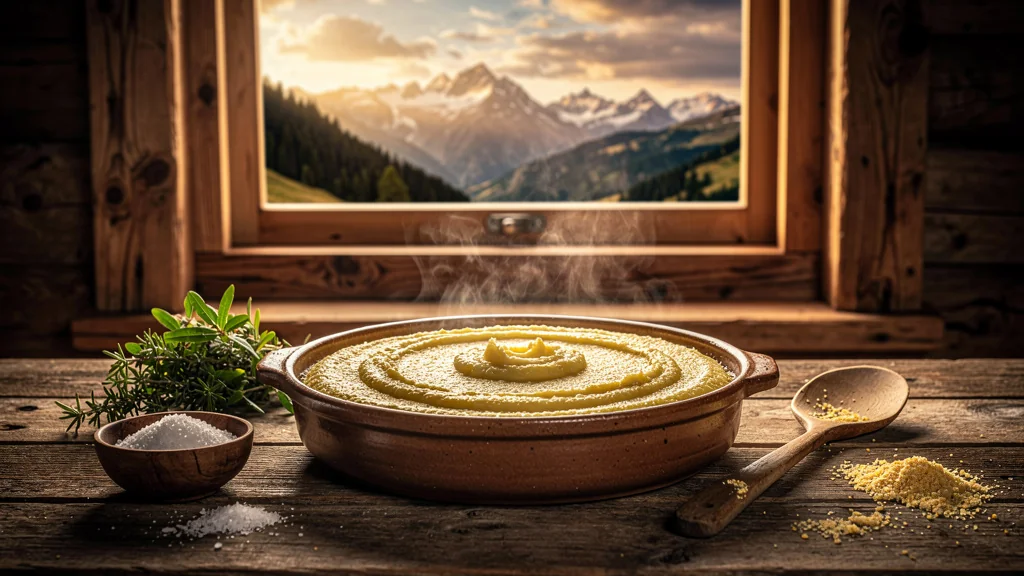 Polenta de montagne traditionnelle dans une cuisine rustique, lumière dorée, ambiance chaleureuse et authentique