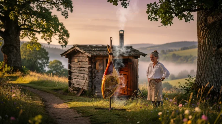 Paysage de vallée au lever du jour avec fumoir traditionnel et jambon fumé artisanal suspendu