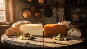 Fromage raclette au lait cru et raclette fumée sur table rustique en lumière naturelle d'après-midi
