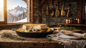 Tartiflette de montagne sans reblochon dans une cuisine rustique alpine, fromage fondant et pommes de terre dorées