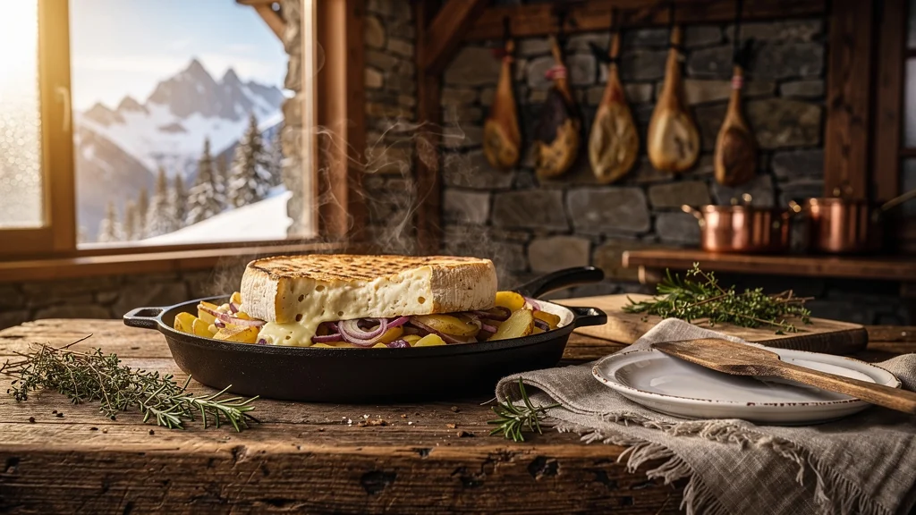 Tartiflette de montagne sans reblochon dans une cuisine rustique alpine, fromage fondant et pommes de terre dorées