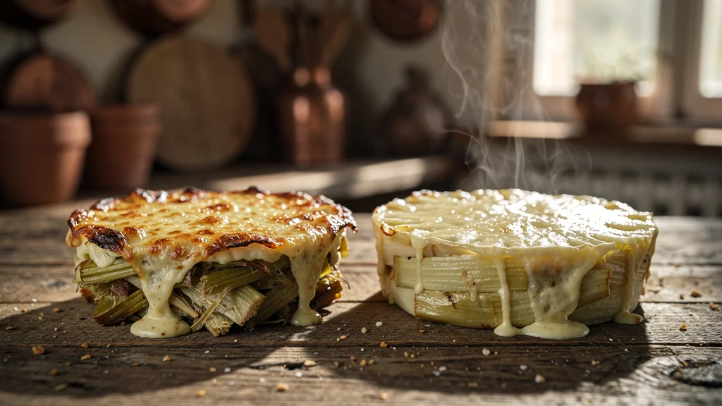 Comparaison hyperréaliste du gratin de cardons monté la veille et celui préparé le jour même