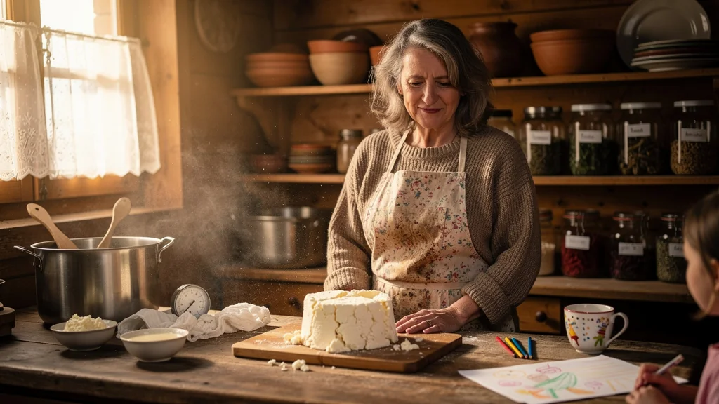 Femme de 58 ans ratant une tomme blanche dans sa cuisine rustique devant sa petite-fille