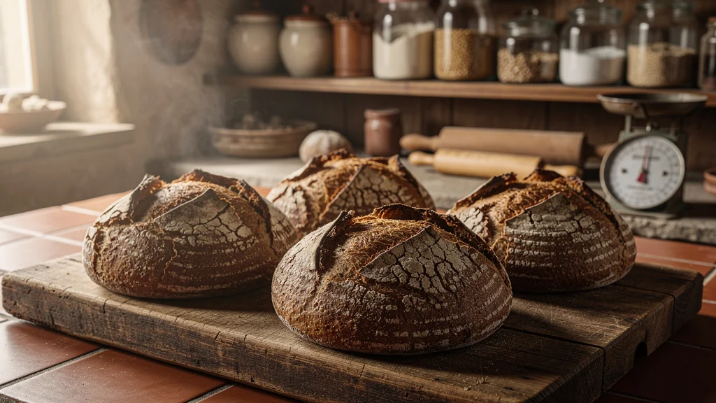 Quatre pains de seigle au levain faits maison sur planche en bois dans une cuisine rustique chaleureuse
