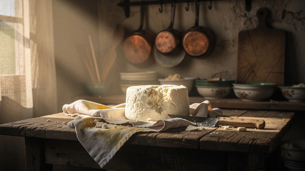 Fromage sérac mal traité dans une cuisine rustique éclairée par une lumière dorée naturelle