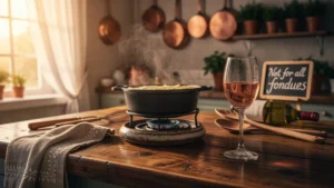 Cuisine rustique avec fondue au fromage et verre de vin rosé, illustrant que le vin blanc ne convient pas toujours