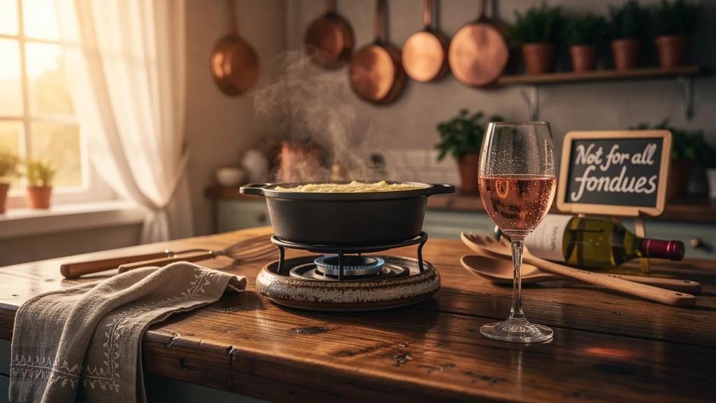 Cuisine rustique avec fondue au fromage et verre de vin rosé, illustrant que le vin blanc ne convient pas toujours