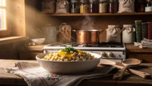 Plat traditionnel de crozets artisanal dans une cuisine rustique évoquant l'enfance et la nostalgie