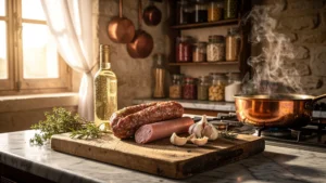 Cuisine traditionnelle française de diots et saucisses de Lyon dans une cuisine rustique lumineuse