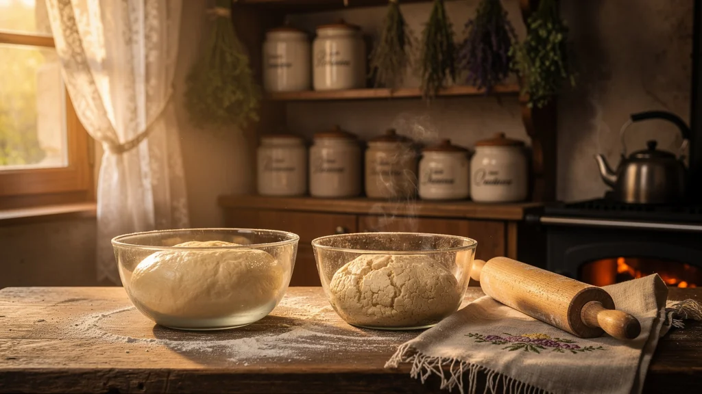 Pâte à bugnes reposée une nuit et trois heures sur un plan de travail en bois dans une cuisine rustique française