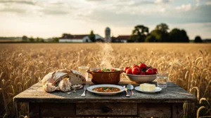 Table rustique dressée dans un champ de blé pour un repas de moisson servi une heure trop tard