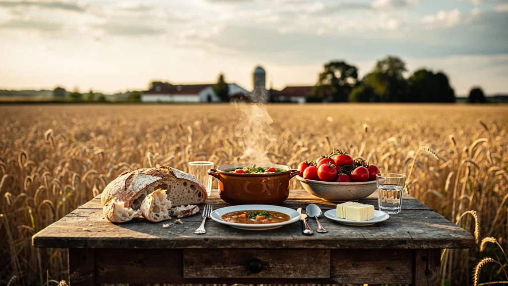 Table rustique dressée dans un champ de blé pour un repas de moisson servi une heure trop tard