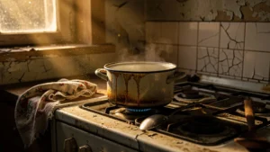Casserole oubliée avec lait cru brûlé dans cuisine rustique au soleil couchant, ambiance nostalgique intense