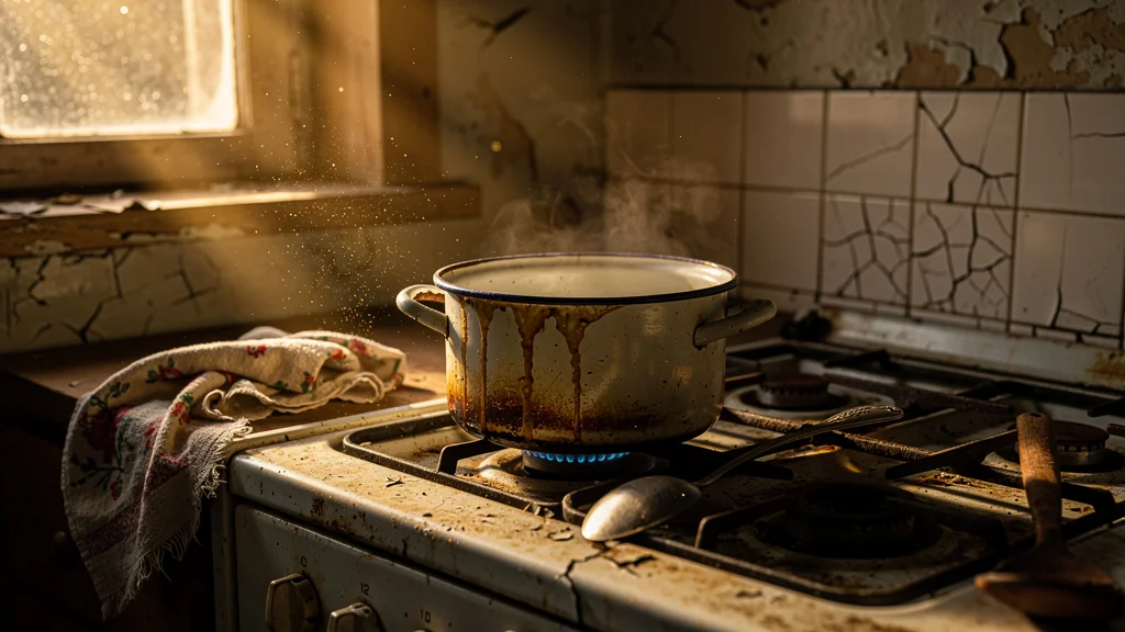 Casserole oubliée avec lait cru brûlé dans cuisine rustique au soleil couchant, ambiance nostalgique intense