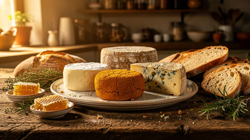 Quatre affinages de tomme disposés sur une table rustique prêts à être dégustés ensemble