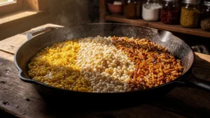 Trois cuissons de crozets dans la même poêle montrant textures et couleurs variées en cuisson comparée