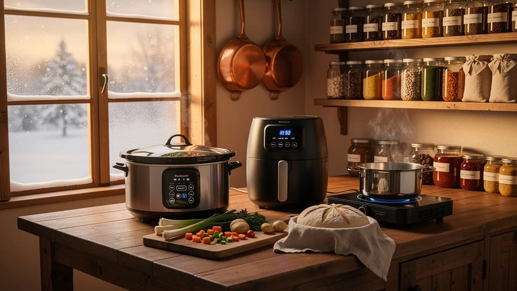 Cuisine réorganisée pour un hiver sans four avec appareils modernes et ambiance chaleureuse