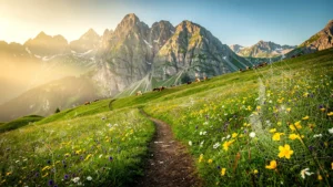 Montée à l'alpage au lever du jour, paysages alpins verdoyants et fleurs sauvages en pleine abondance