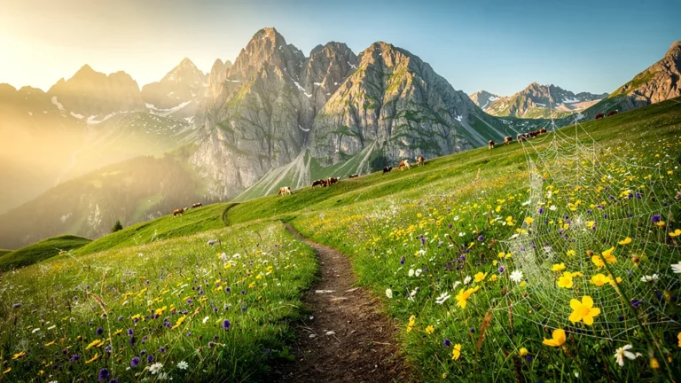 Montée à l'alpage au lever du jour, paysages alpins verdoyants et fleurs sauvages en pleine abondance