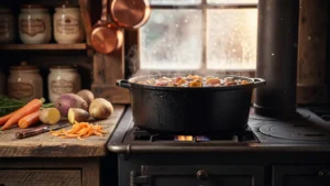 Potée d'hiver mijotant doucement à feu très doux pendant cinq heures dans une cuisine rustique
