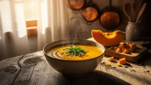 Bol de soupe de courge naturelle sans crème dans une cuisine rustique chaleureuse et lumineuse